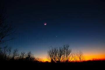 Crescent Moon, planets and star with landscape silhouettes.
