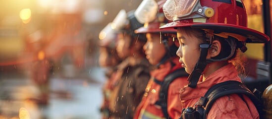 Children in firefighters firefighter training with children. Creative Banner. Copyspace image - obrazy, fototapety, plakaty