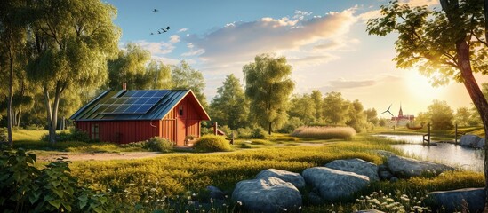 Bright red building with solar panels on the metal rooftop on a mostly sunny summer day in a public park. Creative Banner. Copyspace image - obrazy, fototapety, plakaty