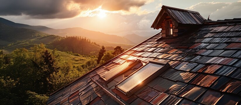 Lightning rod on rooftop House roof lightning protection systems with attic skylight and solar water heater. Creative Banner. Copyspace image