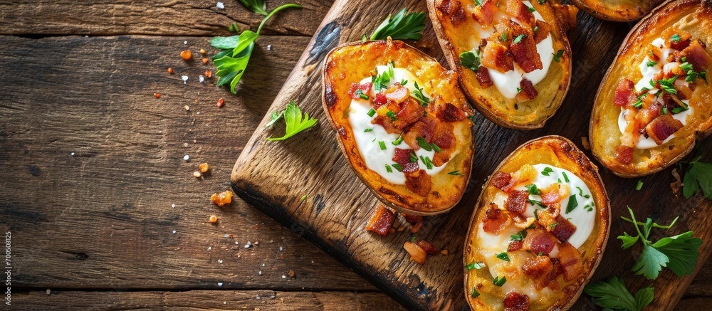Poster homemade loaded crispy potato skins with sour cream and bacon. creative banner. copyspace image