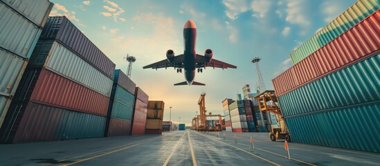 A cargo plane for logistics and transportation business theme sits above a container warehouse. Creative Banner. Copyspace image