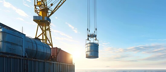 cargo operation lifting process iBC tank cargo or chemical tank which is lifted using a ship deck crane againt clear and blu sky. Creative Banner. Copyspace image