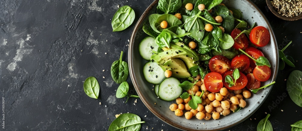 Poster avocado tomato chickpeas spinach and cucumber salad top view. creative banner. copyspace image
