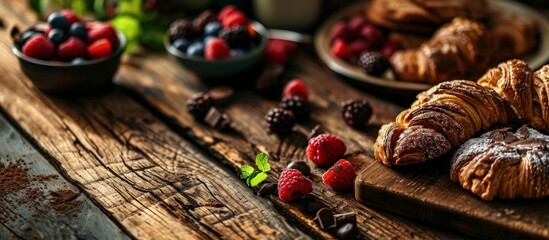 Delicious chocolate croissants fruit for breakfast on rustic wooden table. Creative Banner....