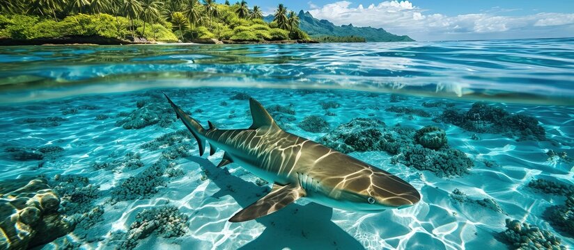 A Blacktip reef shark Carcarhinus melanopterus swims in shallow waters excited by food in the water near a French Polynesian island. Creative Banner. Copyspace image