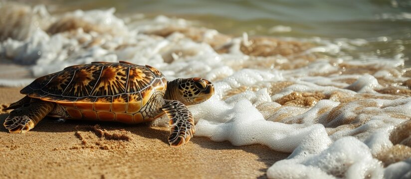 A sea turtle rests ont he sands as waves wash over him. Creative Banner. Copyspace image