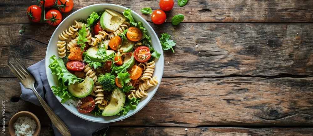 Aufkleber healthy chicken pasta salad with avocado tomato and olive oil and vinegar dressing in white bowl on 