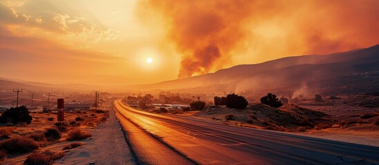 Brilliantly colored sunset in the desert over a community during a wildfire with smoke in the air road on left side. Creative Banner. Copyspace image