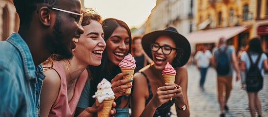 A small group of multiethnic friends are hanging out in the city and eating ice cream. Creative Banner. Copyspace image