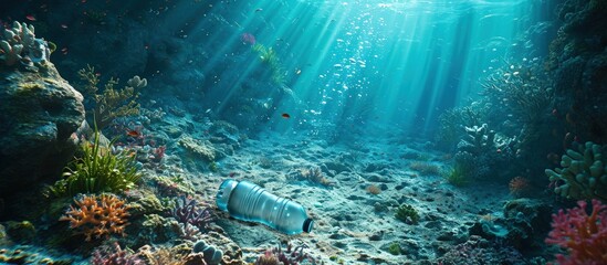 A very old non biodegradable plastic bottle on the sea floor on a tropical coral reef. Creative Banner. Copyspace image - obrazy, fototapety, plakaty