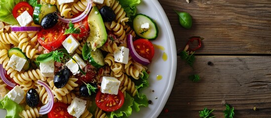 Greek Pasta Salad with tomato avocado black olives red onions and cheese feta banner menu recipe place for text top view. Creative Banner. Copyspace image - obrazy, fototapety, plakaty
