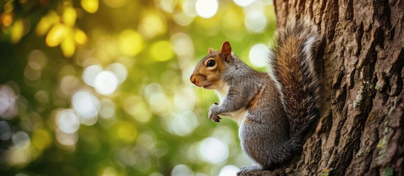 Beautiful wild gray squirrel climbing tree trunk in summer town park. Creative Banner. Copyspace image