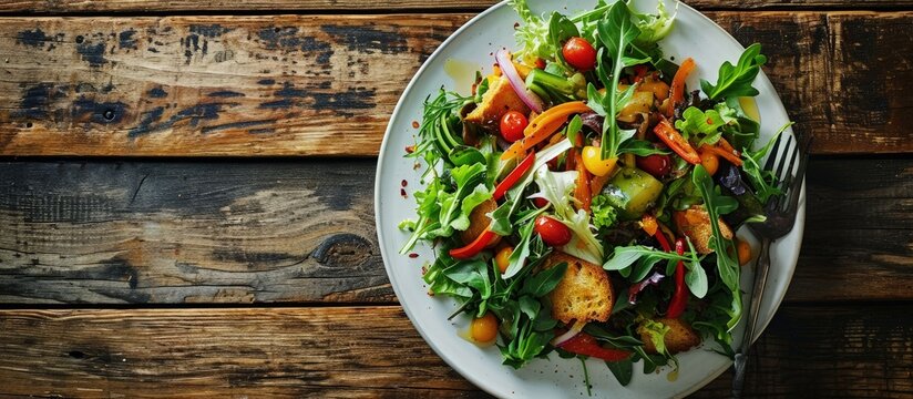 delicious Fattoush or Arab salad with pita croutons fresh vegetables and herbs on white plate on wooden table Middle Eastern bread salad easy and healthy authentic recipe view from above