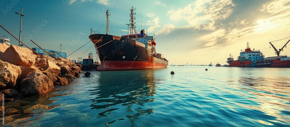 Aufkleber bulk carrier ship is loading in a port on a sunny day red sea saudi arabia. creative banner. copyspa