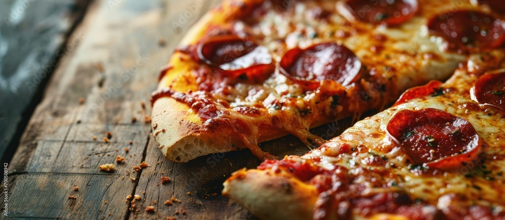 Poster hot pizza slice with pepperoni melting cheese on a rustic wooden table close up. creative banner. co