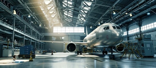 Maintenance and service check of an airplane in the large white hangar Airplane workshop and repair station. Creative Banner. Copyspace image - obrazy, fototapety, plakaty
