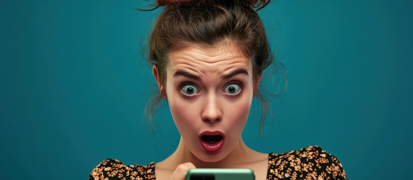 Human emotions feelings and reactions Attractive young woman with hair bun looking at mobile phone seeing bad news photos having scared or shocked facial expression raising eyebrows. Creative Banner