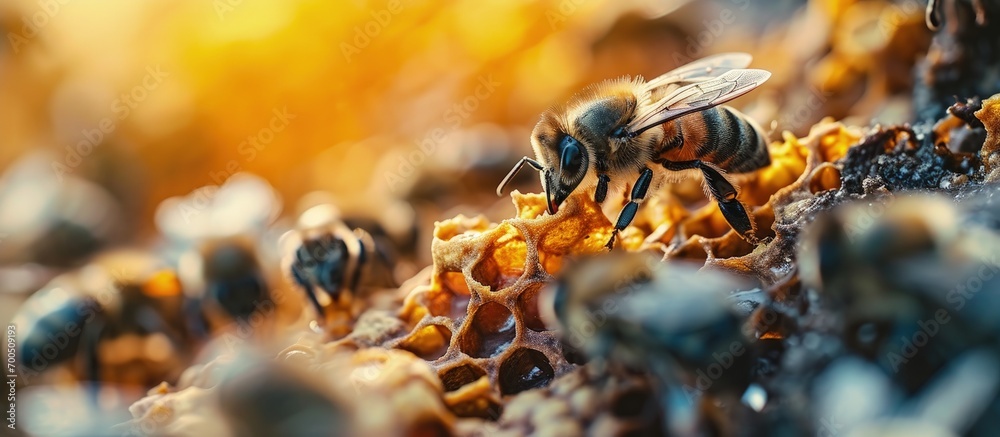 Poster a close up shot of bees in a bee hive with honey combs working together at the middle of the day producing honey. Creative Banner. Copyspace image