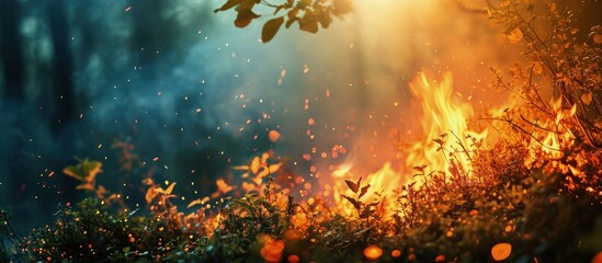Controlled burning of vegetation in the spring. Creative Banner. Copyspace image
