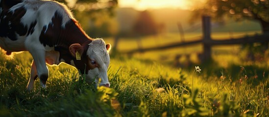 Calf eating green grass at sunset Farm baby animal. Creative Banner. Copyspace image - obrazy, fototapety, plakaty