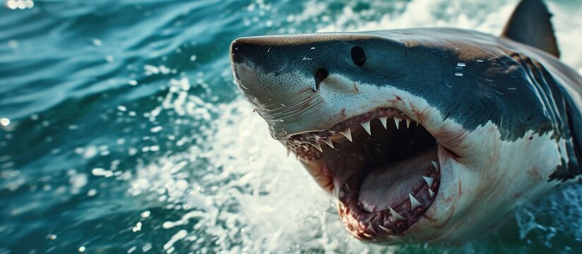 Fresh Sharks mouth with an open mouth and visible teeth closeup. Creative Banner. Copyspace image