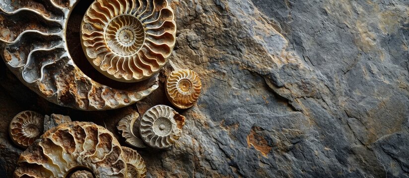 Ammonite fossils Arnioceras semicostatum Jurrasic Period Lower Lias Formation East Riding Yorkshire England. Creative Banner. Copyspace image