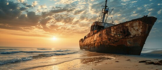 Abandoned boat wreck washed up on the beach one morning. Creative Banner. Copyspace image - obrazy, fototapety, plakaty