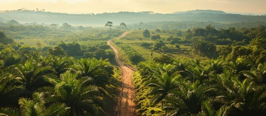 A road across the big and vast palm oil plantation. Creative Banner. Copyspace image