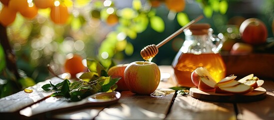 A woman s hand dips an apple in honey at a meal at the festive table in honor of Rosh Hashanah Horizontal photo. Creative Banner. Copyspace image