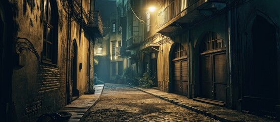 Fototapeta premium Dark empty scary urban city street alley with vintage buildings at night. Creative Banner. Copyspace image