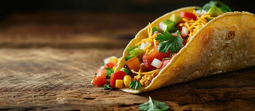Girl eating delicious taco with salsa and a variety of toppings Mexican taco with salsa taco al pastor. Creative Banner. Copyspace image