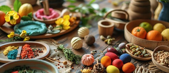 Naklejka premium A little girl playing with autumn natural materials and play dough Educational game for toddlers Montessori material Sensory play ideas and fall nature crafts concept. Creative Banner