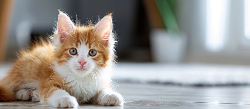 Adorable orange and white Norwegian forest cat kitten. Creative Banner. Copyspace image