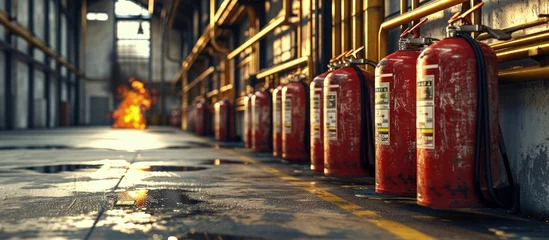 Photo sur Aluminium Feu Geen fire extinguishers in the warehouse. Creative Banner. Copyspace image