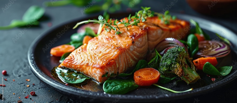 Poster fried salmon steaks with steamed carrot broccoli onion and spinach. creative banner. copyspace image