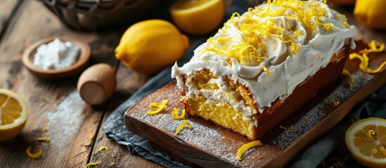 Classic lemon loaf cake on a wooden board garnished with frosting and lemon shavings Fast and tasty dessert. Creative Banner. Copyspace image - obrazy, fototapety, plakaty