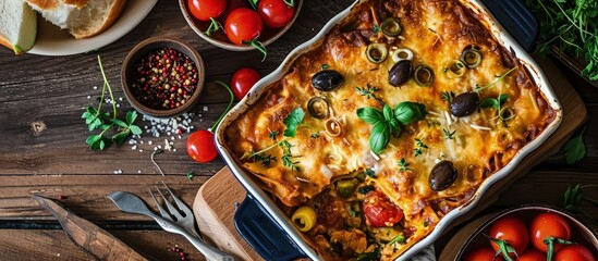Healthy chicken and bean gluten free lasagna topped with pitted olives avocado tomatoes and fresh coriander in black baking dish on dark wood table vertical view. Creative Banner. Copyspace image - obrazy, fototapety, plakaty