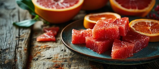 Cut and Stacked Grapefruit Bars on Plate with Sliced Grapefruit. Creative Banner. Copyspace image