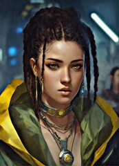 Portrait of a young woman, ultra detailed piercing yellow eyes, 20 years old, olive skin, short black hair, dreadlocks, no eyebrows, beautiful face, she has a futuristic choker necklace around her nec