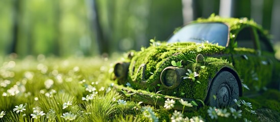 Hybrid car Retro automobile covered with grass and flowers representing eco friendly concept Environmental friendly Green drive. Creative Banner. Copyspace image