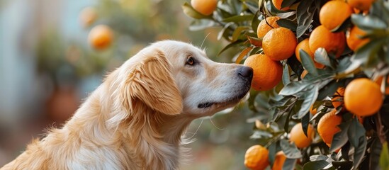 Dog sniffing mandarin on tree likes citrus fruits. Creative Banner. Copyspace image - obrazy, fototapety, plakaty
