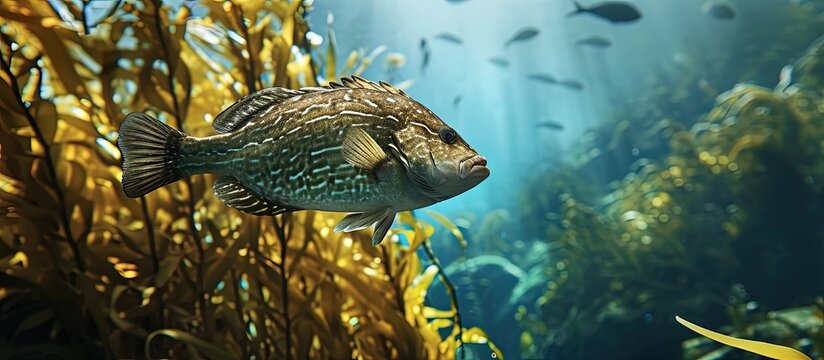 Leatherjacket Parika scaber hovering above kelp forest. Creative Banner. Copyspace image