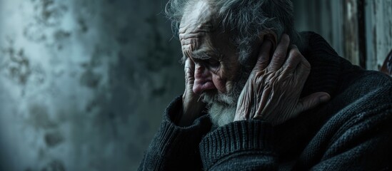 I miss you Desperate elderly male widower mourning trying to be strong after loss of beloved wife Upset hoary aged man prop cheek with hand suffer from heavy thoughts depression chronic disease - obrazy, fototapety, plakaty
