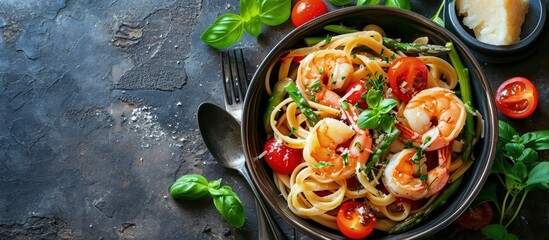 Healthy whole grain linguine with shrimps asparagus cherry tomatoes fresh Parmesan cheese and oregano. Creative Banner. Copyspace image - obrazy, fototapety, plakaty