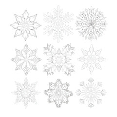 Naklejka na ściany i meble A group of elegant snowflake patterns on a transparent background, each carefully designed to showcase the stunning symmetry of frozen water crystals.