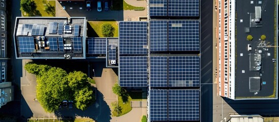 A top down shot directly over a large school building with many solar panels on the roof on a sunny day The drone camera is high up looking down. Creative Banner. Copyspace image - obrazy, fototapety, plakaty