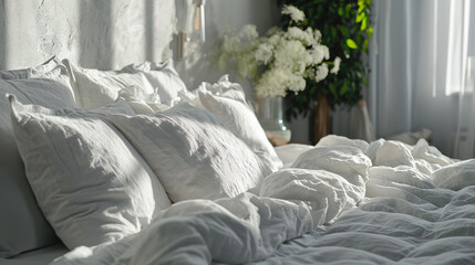 Beautiful white flowers in glass vase on bed in bedroom interior