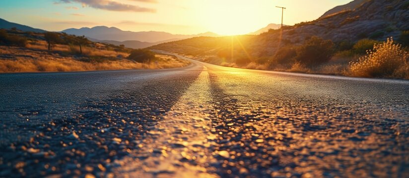 Empty asphalt road and sun rising at skyline. Creative Banner. Copyspace image