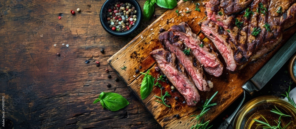 Poster grilled beef steak with spices on cutting board top view flat lay. creative banner. copyspace image